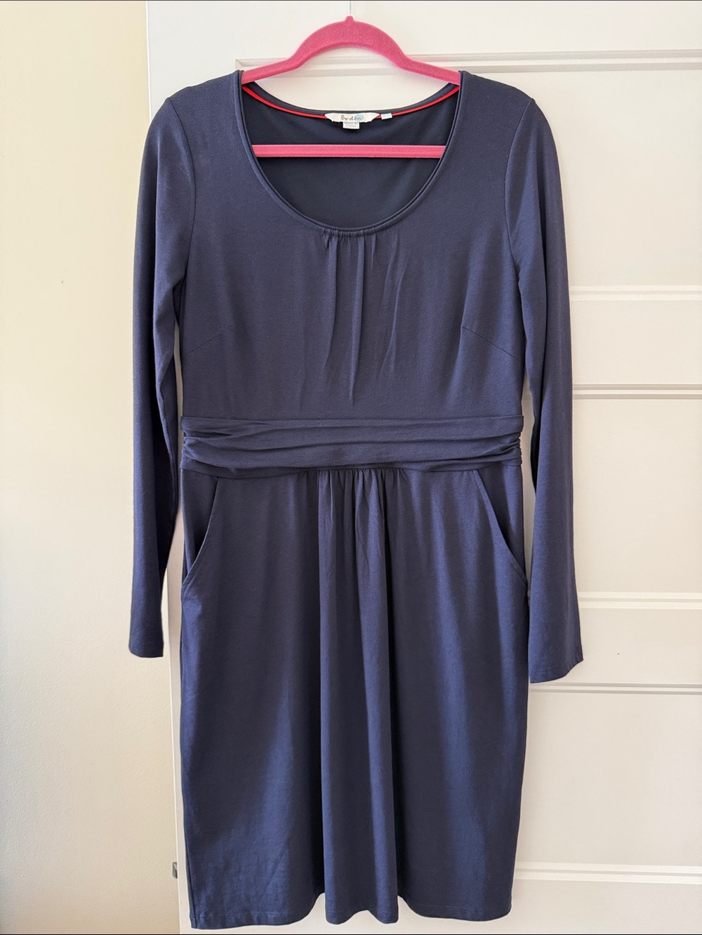 Like New! Boden Long-Sleeve Navy Dress with Waistband and Pockets